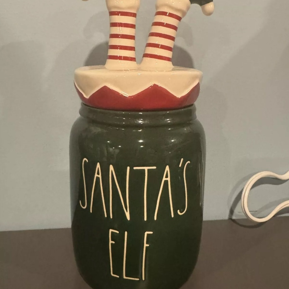 Rae Dunn "SANTA'S Elf” Green Canister with "ELF FEET “ Topper